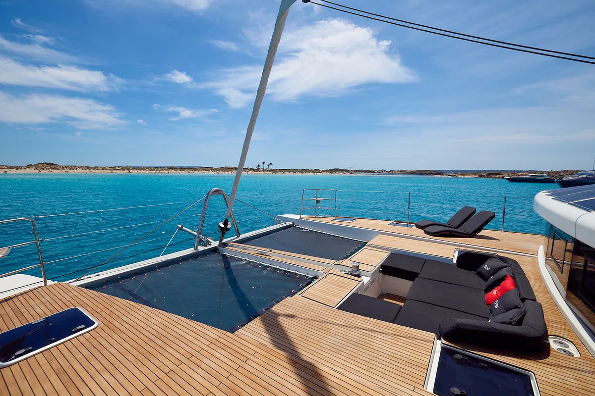 Deck of Flow, a Lagoon 52 catamaran at Sant Antoni de Portmany, Spain