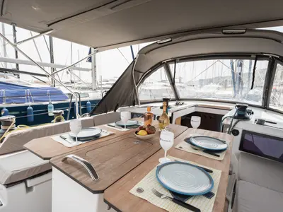 Cockpit of Horu, a Dufour 44 sailboat at Marseille, France