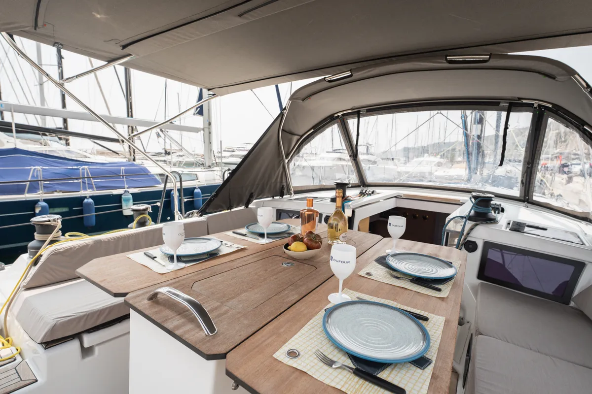 Cockpit of Horu, a Dufour 44 sailboat at Marseille, France