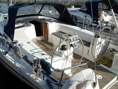 Cockpit of Emily, a Bavaria 40 Cruiser sailboat at Athens, Greece
