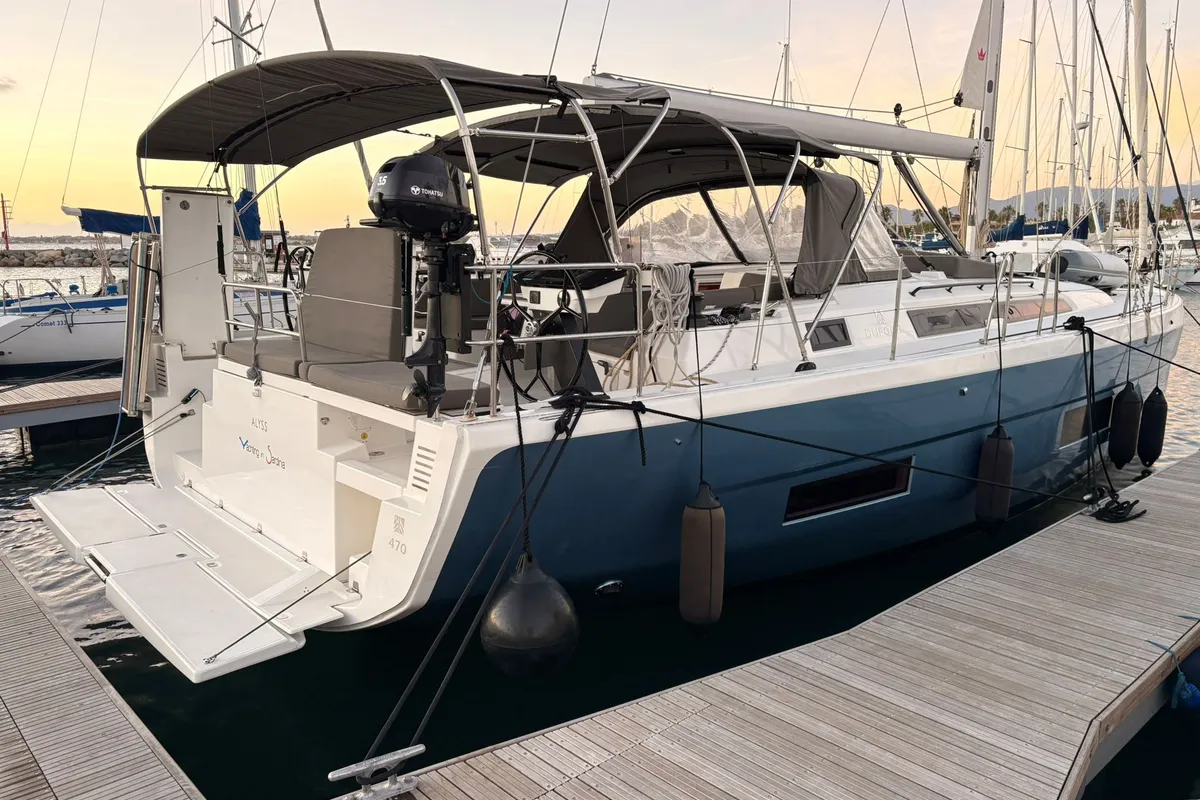 Exterior view of Alyss, a Dufour 470 sailboat at Olbia, Italy