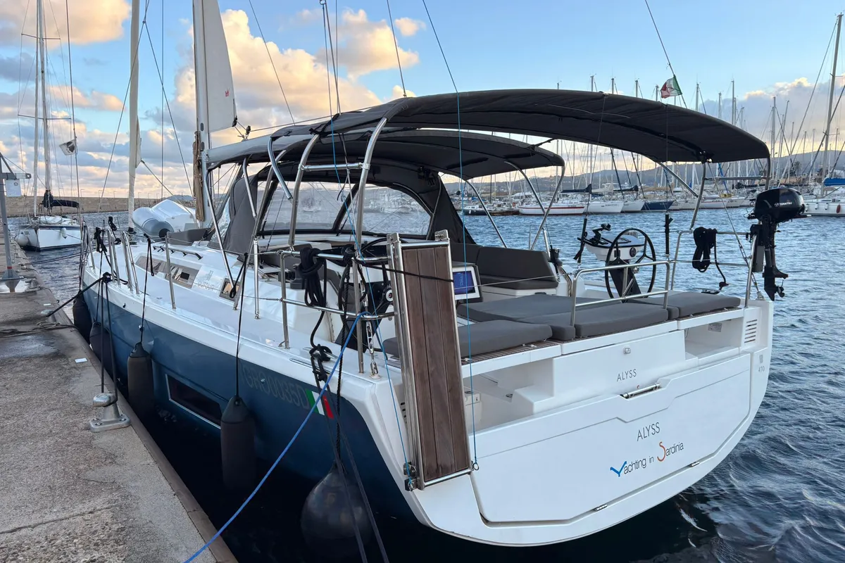 Exterior view of Alyss, a Dufour 470 sailboat at Olbia, Italy