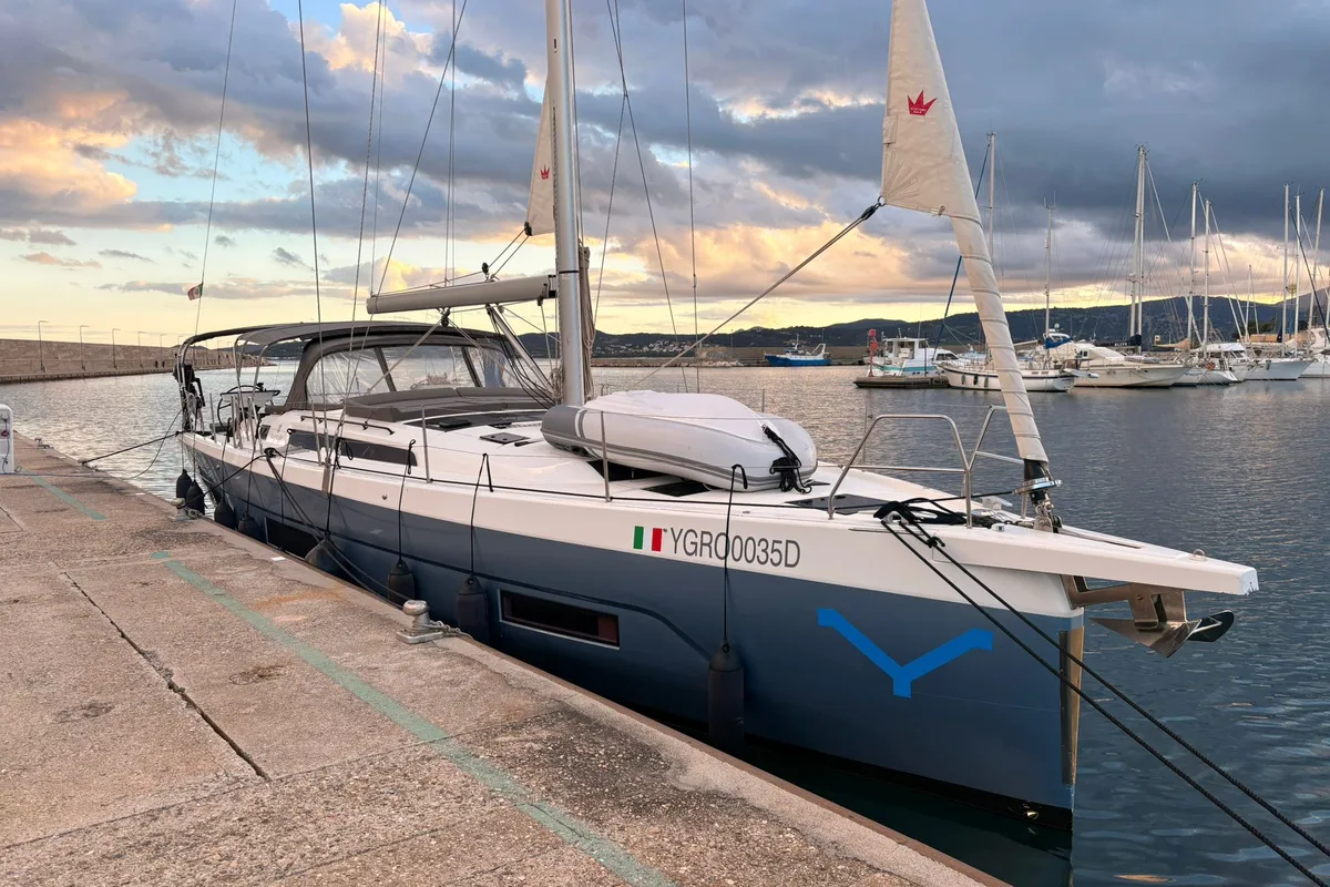 Exterior view of Alyss, a Dufour 470 sailboat at Olbia, Italy