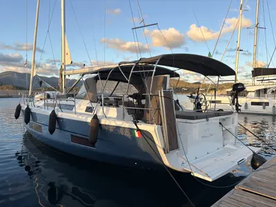 Exterior view of Alyss, a Dufour 470 sailboat at Olbia, Italy