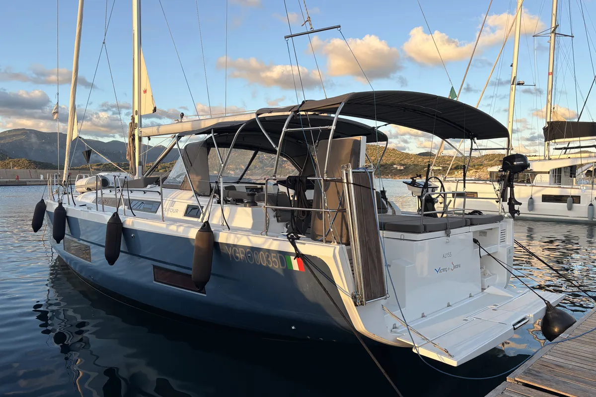 Exterior view of Alyss, a Dufour 470 sailboat at Olbia, Italy