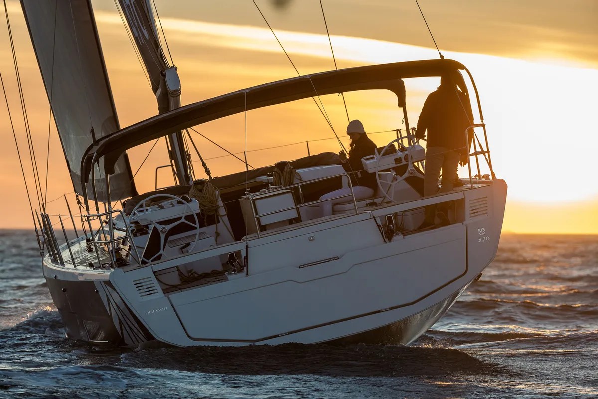 Exterior view of Alyss, a Dufour 470 sailboat at Olbia, Italy