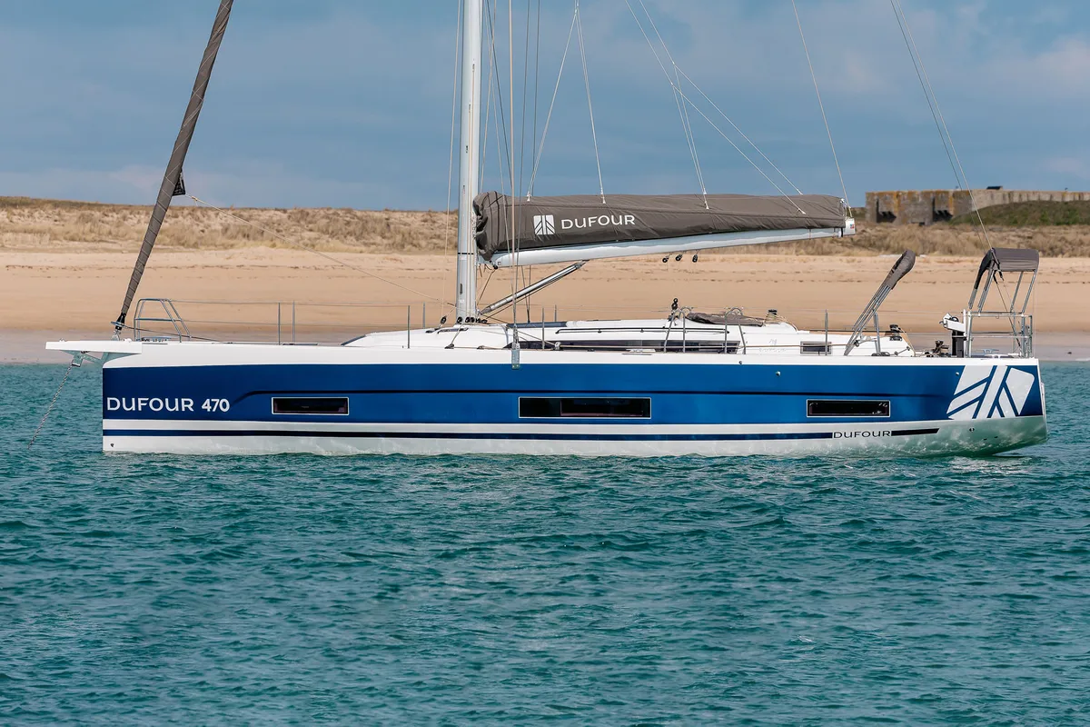 Exterior view of Alyss, a Dufour 470 sailboat at Olbia, Italy