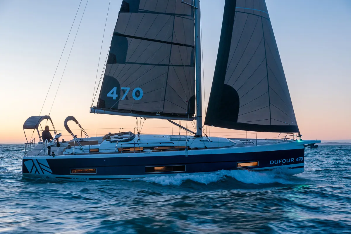 Exterior view of Alyss, a Dufour 470 sailboat at Olbia, Italy