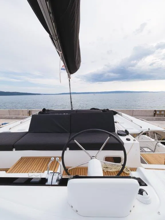 Cockpit of Uncharted, a Lagoon 46 OW catamaran at Grad Kaštela, Croatia