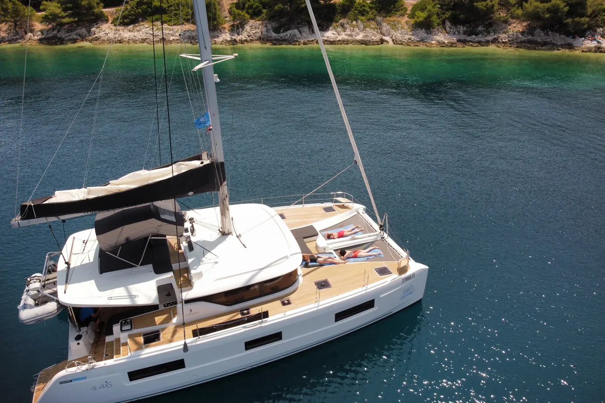 Exterior view of Uncharted, a Lagoon 46 OW catamaran at Grad Kaštela, Croatia