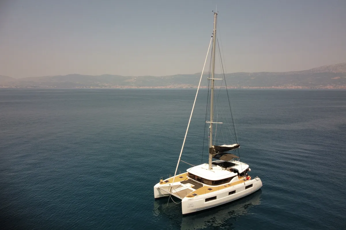 Exterior view of Uncharted, a Lagoon 46 OW catamaran at Grad Kaštela, Croatia