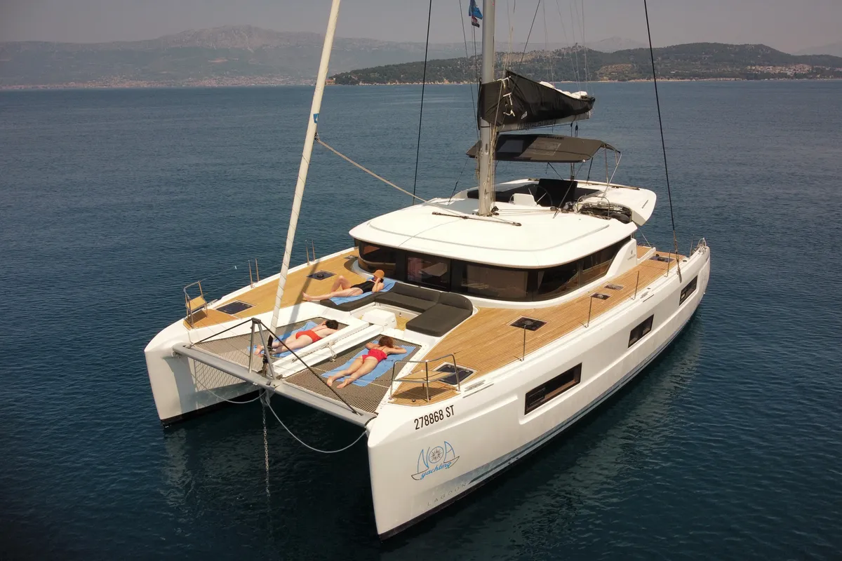 Exterior view of Uncharted, a Lagoon 46 OW catamaran at Grad Kaštela, Croatia