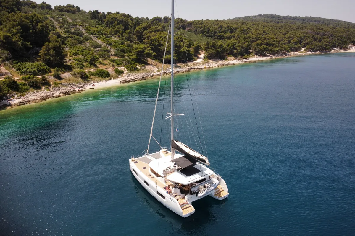 Exterior view of Uncharted, a Lagoon 46 OW catamaran at Grad Kaštela, Croatia
