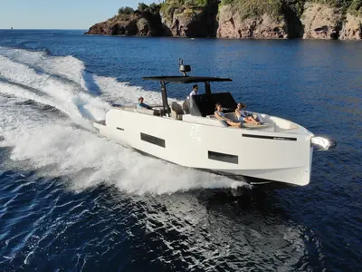 Exterior view of TNR, a De Antonio D42 motorboat at Lavrion, Greece