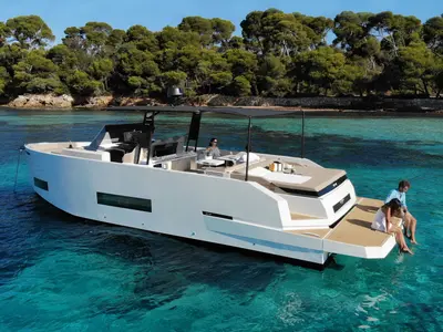 Exterior view of TNR, a De Antonio D42 motorboat at Lavrion, Greece