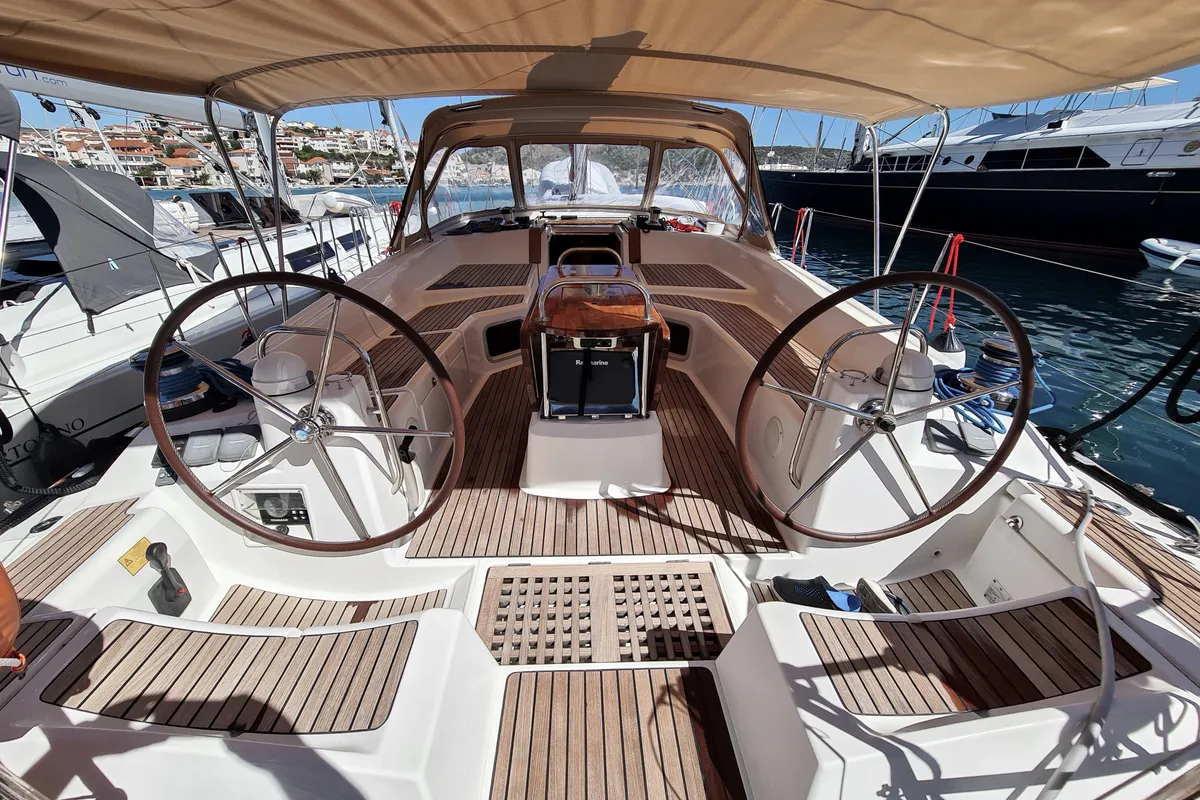 Cockpit of MAKEMO, a Jeanneau 53 sailboat at Općina Rogoznica, Croatia