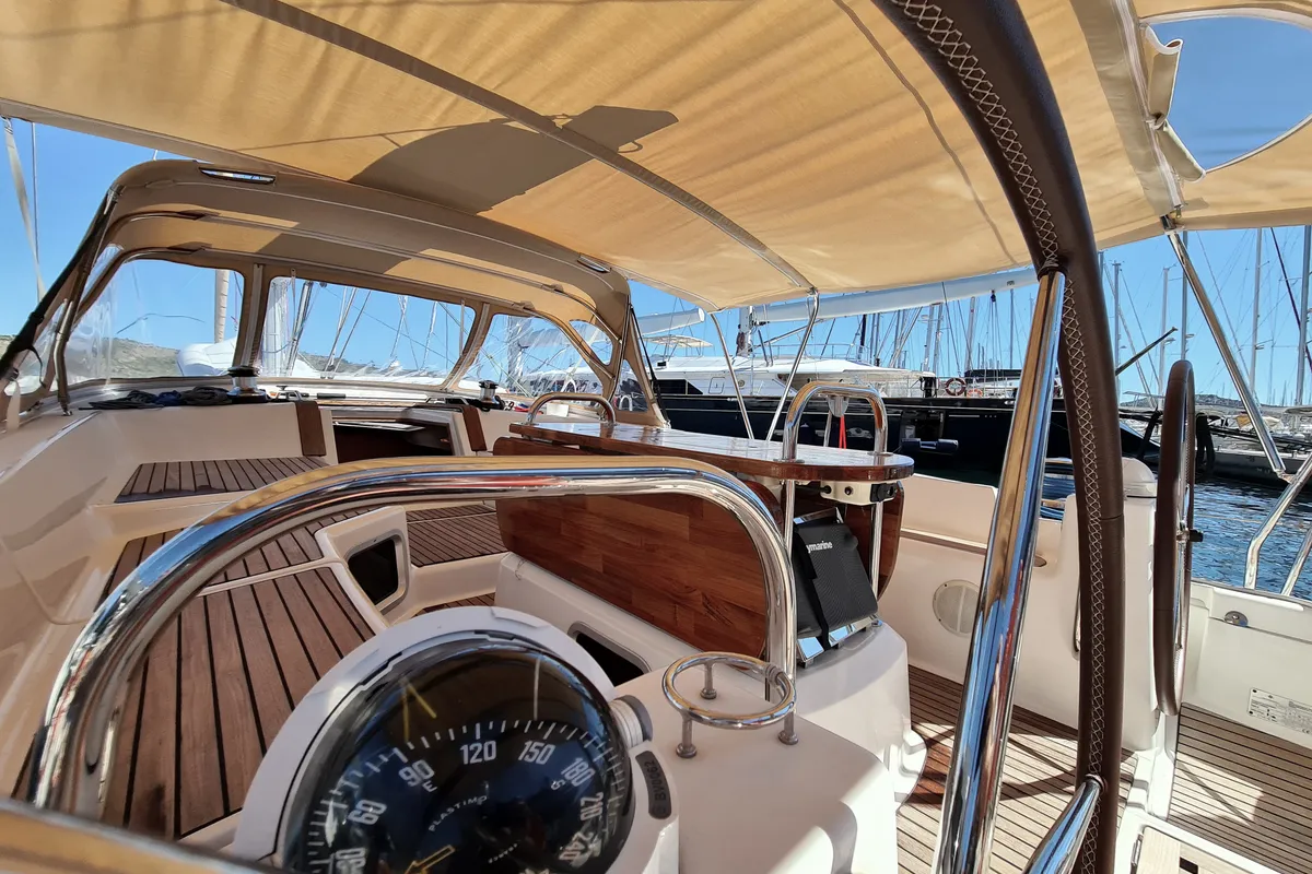 Cockpit of MAKEMO, a Jeanneau 53 sailboat at Općina Rogoznica, Croatia