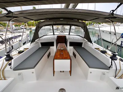 Deck of Clelia, a Dufour 470 sailboat at Tonnarella, Italy