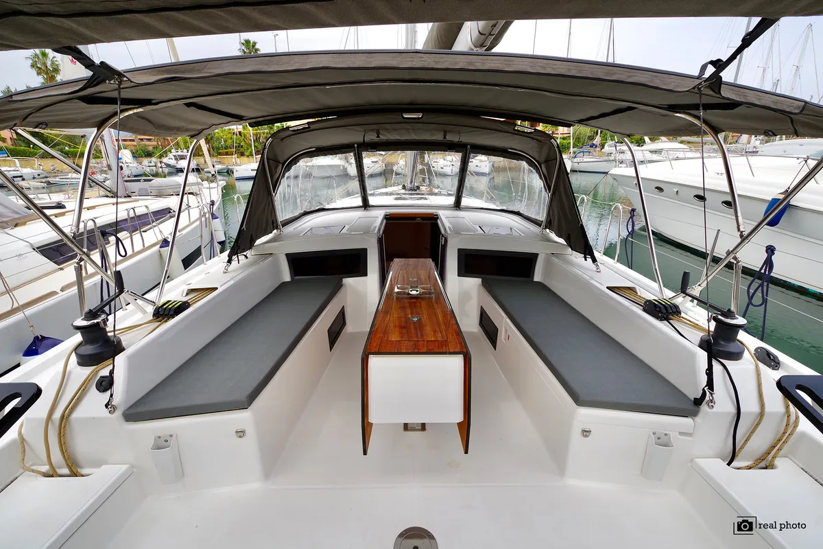 Deck of Clelia, a Dufour 470 sailboat at Tonnarella, Italy