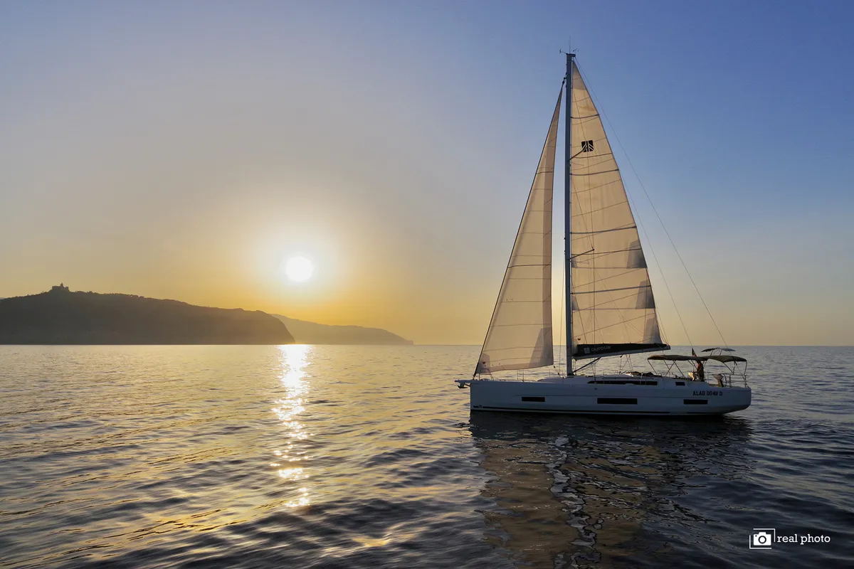 Exterior view of Clelia, a Dufour 470 sailboat at Tonnarella, Italy