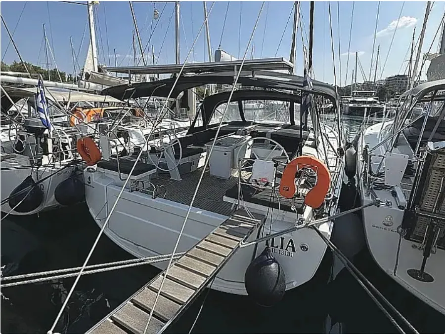 Exterior view of ILIA, a Beneteau Oceanis 46.1 sailboat at Athens, Greece