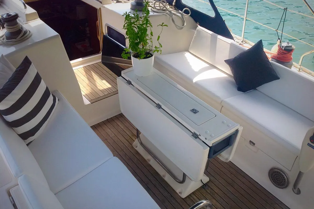 Deck of Nafsika, a Elan 45 sailboat at Municipal Unit of Lefkada, Greece