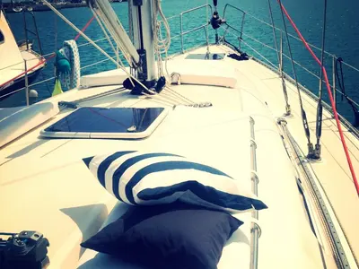 Deck of Nafsika, a Elan 45 sailboat at Municipal Unit of Lefkada, Greece