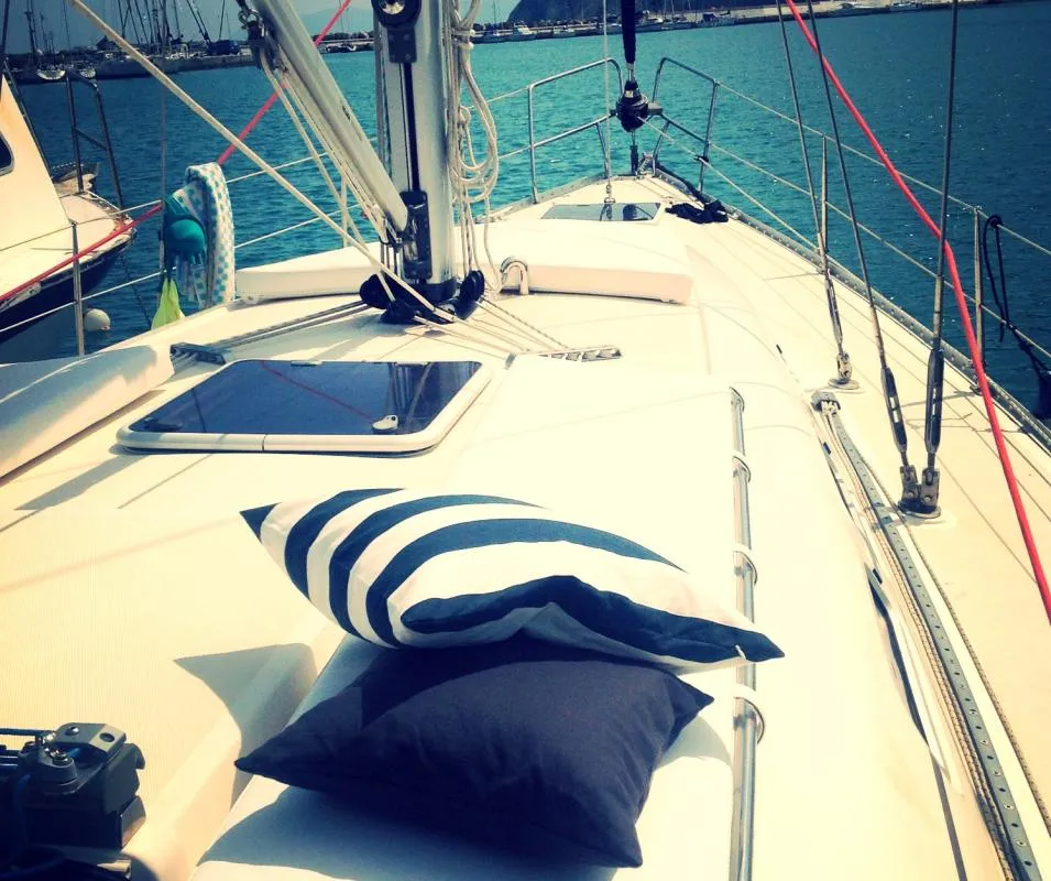 Deck of Nafsika, a Elan 45 sailboat at Municipal Unit of Lefkada, Greece