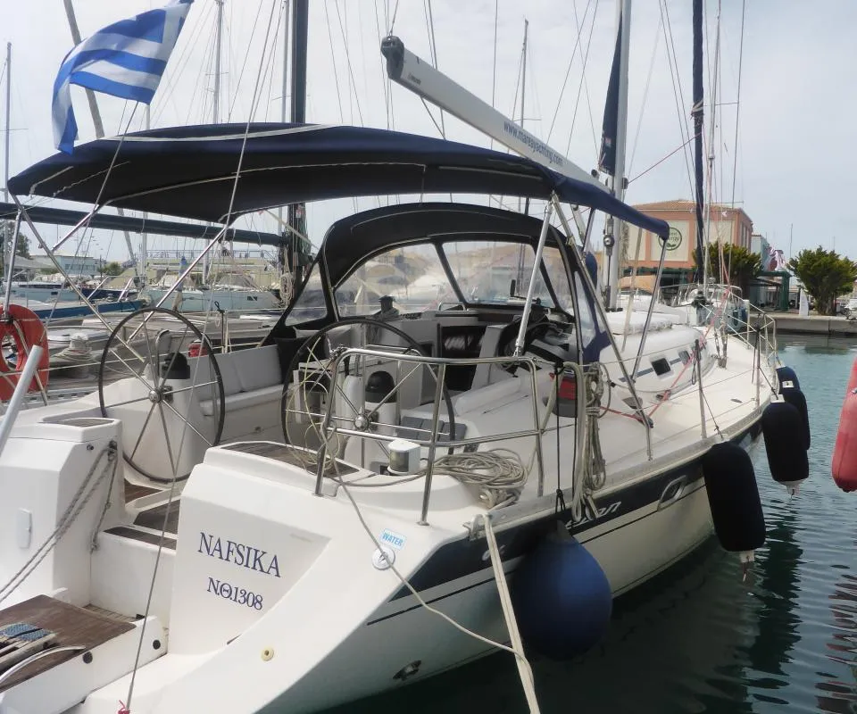 Exterior view of Nafsika, a Elan 45 sailboat at Municipal Unit of Lefkada, Greece