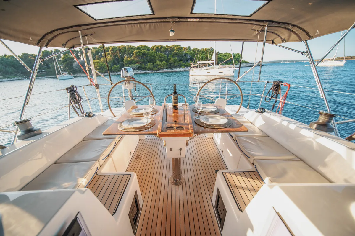 Deck of Fiona, a Bavaria C42 sailboat at Općina Medulin, Croatia
