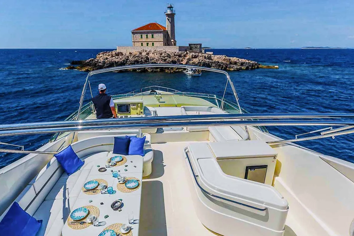 Deck of Miss Katarina, a Ferretti 880 motor yacht at Seget Donji, Croatia