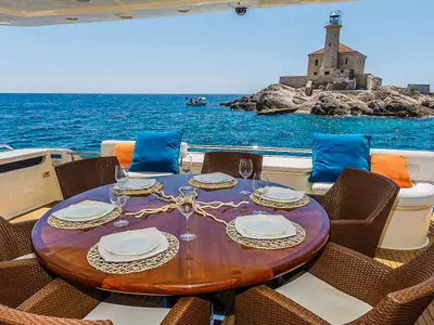 Deck of Miss Katarina, a Ferretti 880 motor yacht at Seget Donji, Croatia
