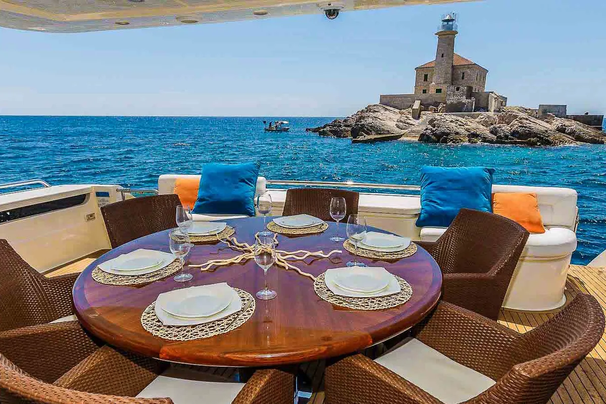 Deck of Miss Katarina, a Ferretti 880 motor yacht at Seget Donji, Croatia