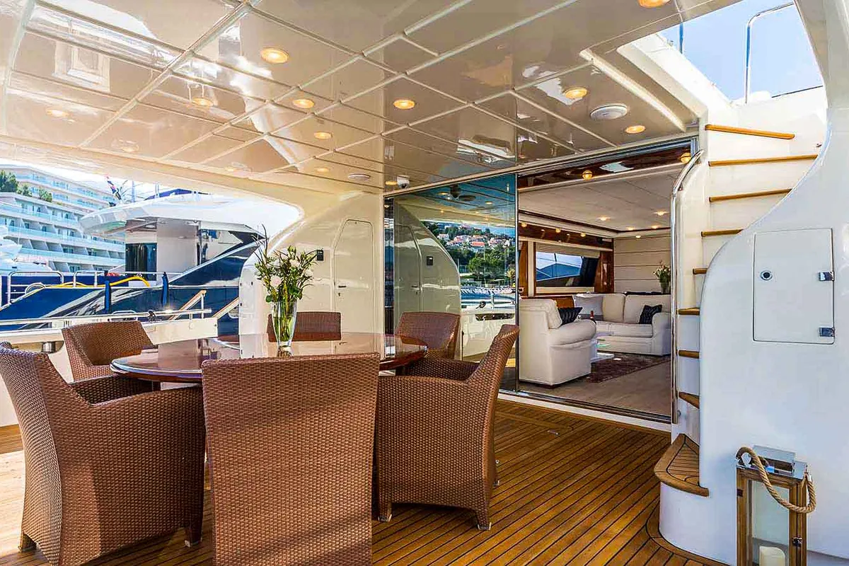 Deck of Miss Katarina, a Ferretti 880 motor yacht at Seget Donji, Croatia