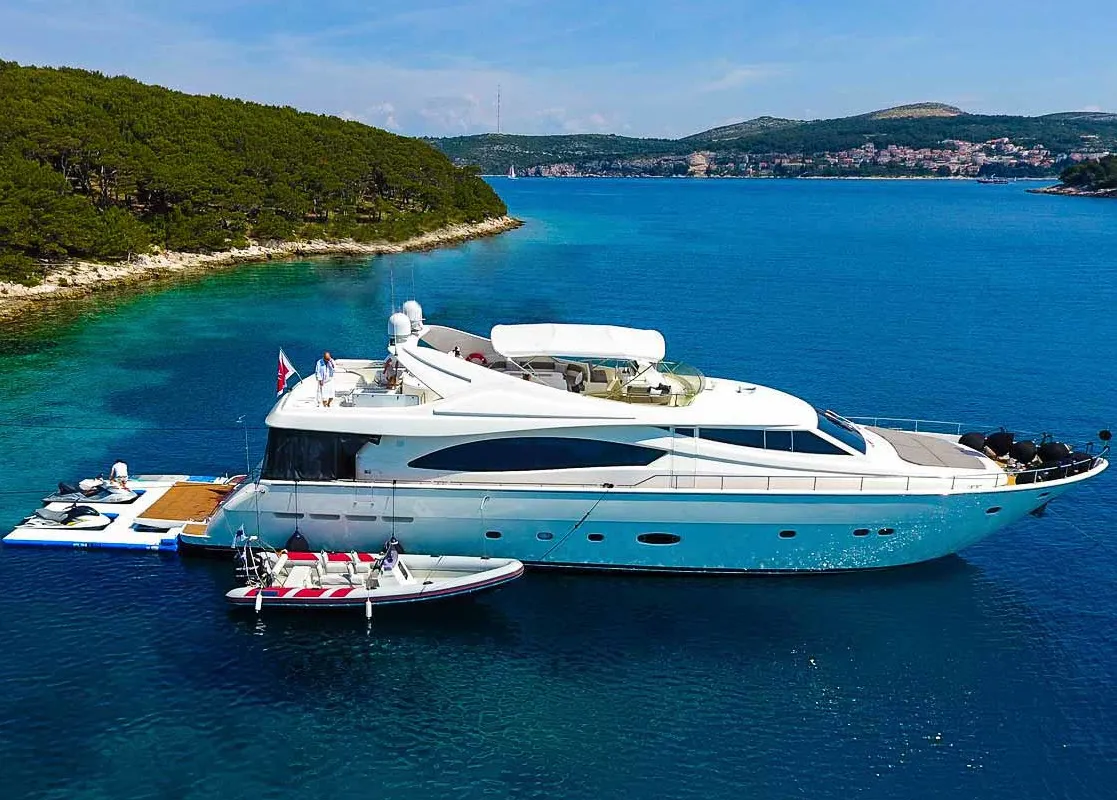 Exterior view of Miss Katarina, a Ferretti 880 motor yacht at Seget Donji, Croatia
