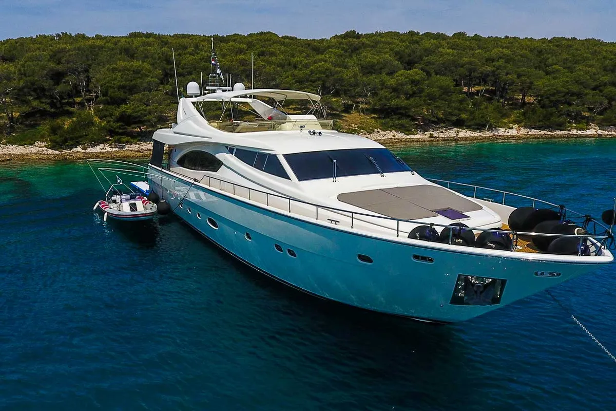 Exterior view of Miss Katarina, a Ferretti 880 motor yacht at Seget Donji, Croatia