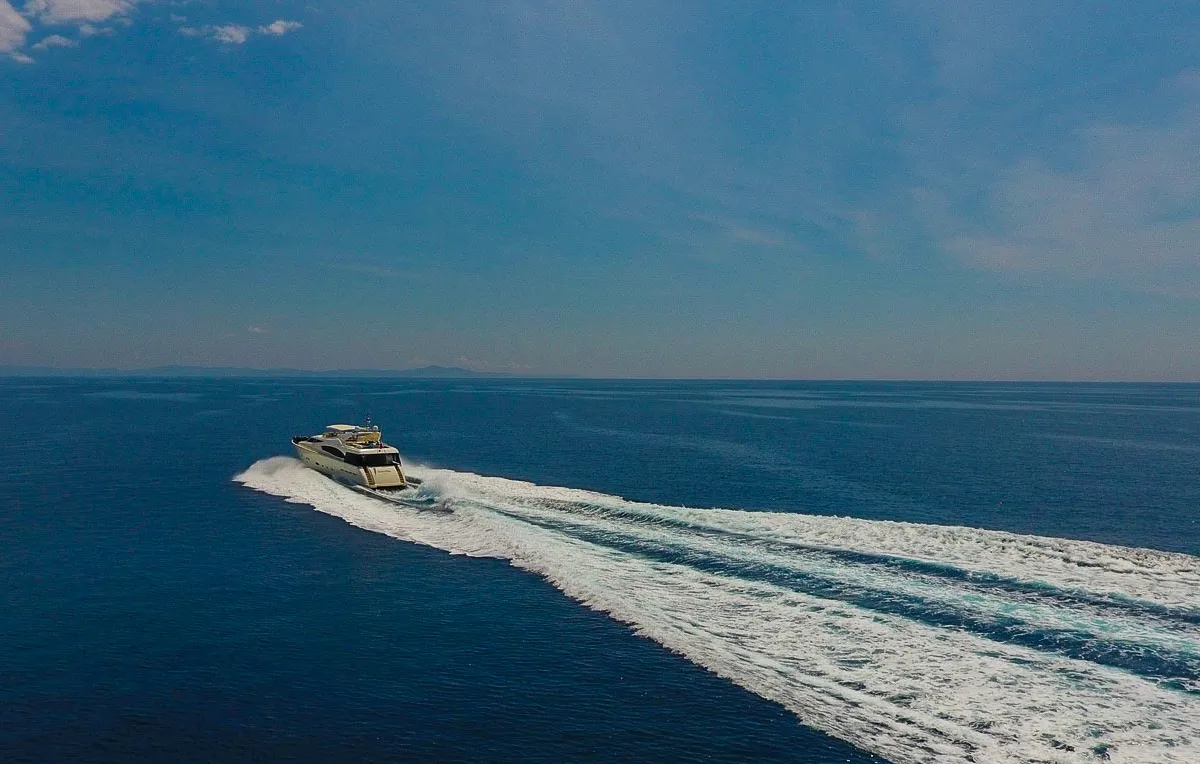 Exterior view of Miss Katarina, a Ferretti 880 motor yacht at Seget Donji, Croatia