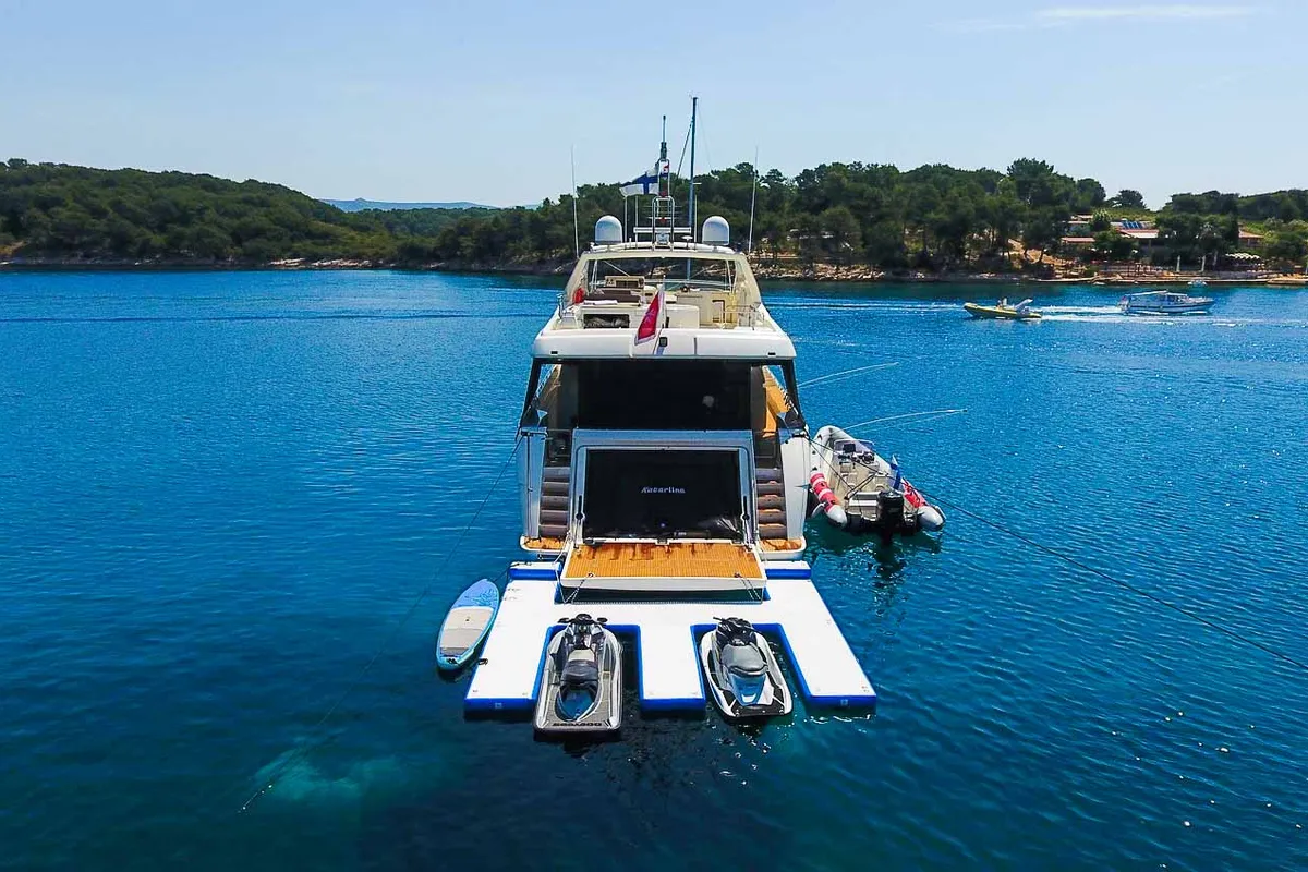 Deck of Miss Katarina, a Ferretti 880 motor yacht at Seget Donji, Croatia
