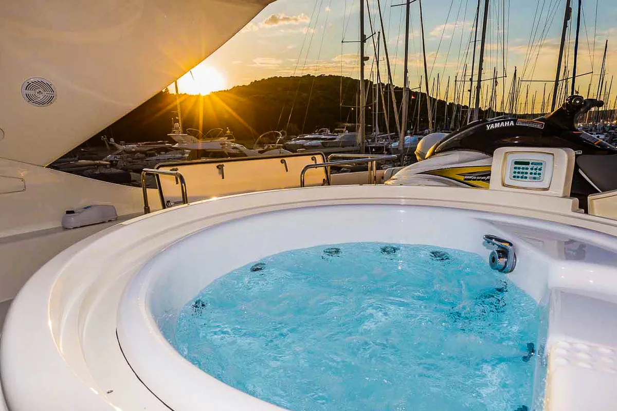 Deck of Miss Katarina, a Ferretti 880 motor yacht at Seget Donji, Croatia