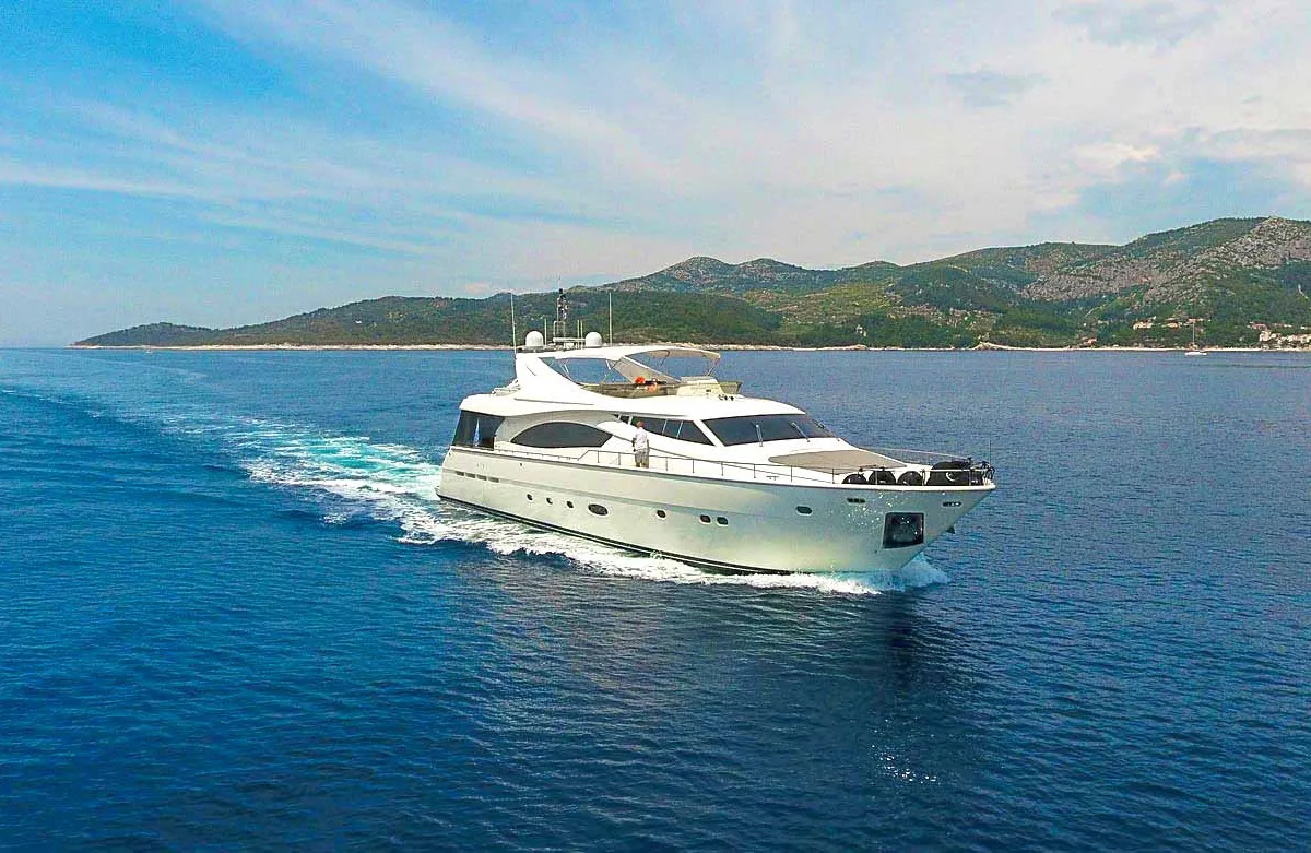 Exterior view of Miss Katarina, a Ferretti 880 motor yacht at Seget Donji, Croatia