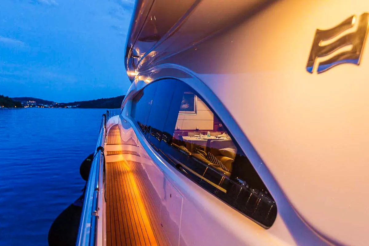 Exterior view of Miss Katarina, a Ferretti 880 motor yacht at Seget Donji, Croatia