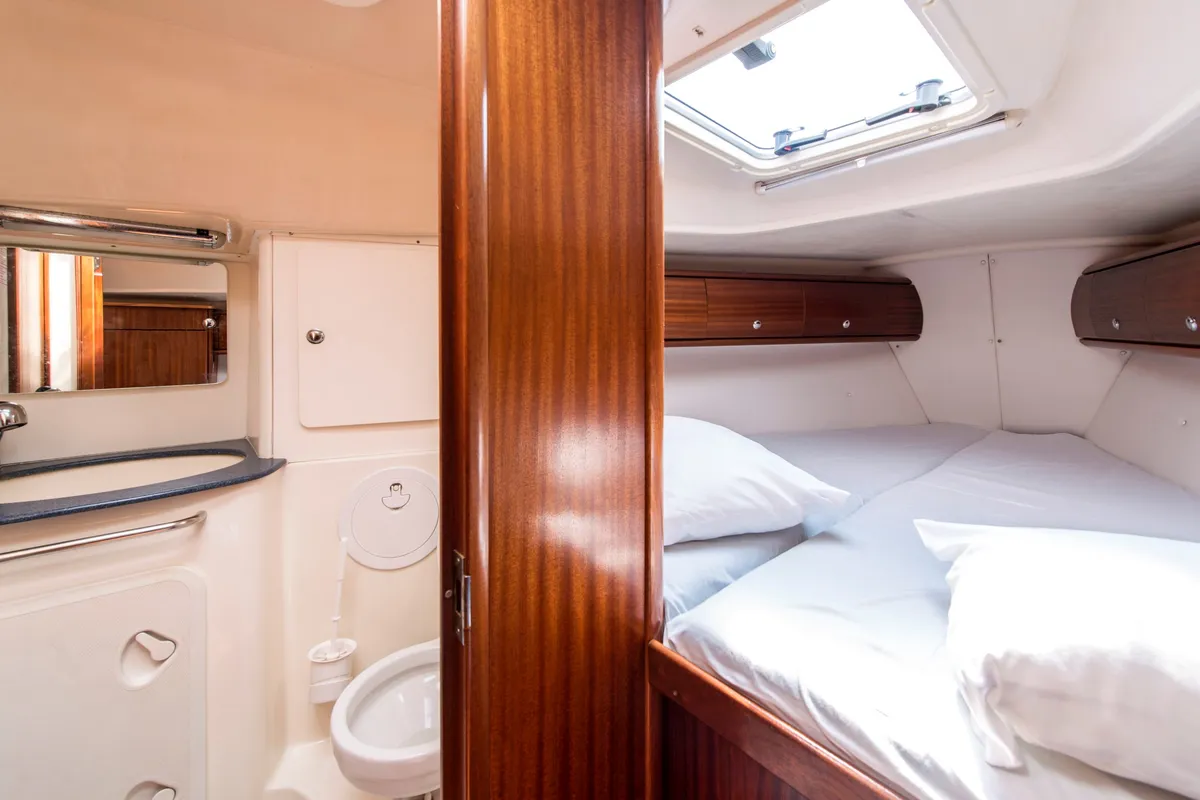Head on Arcobaleno, a Bavaria 36 Cruiser sailboat at Sami, Greece