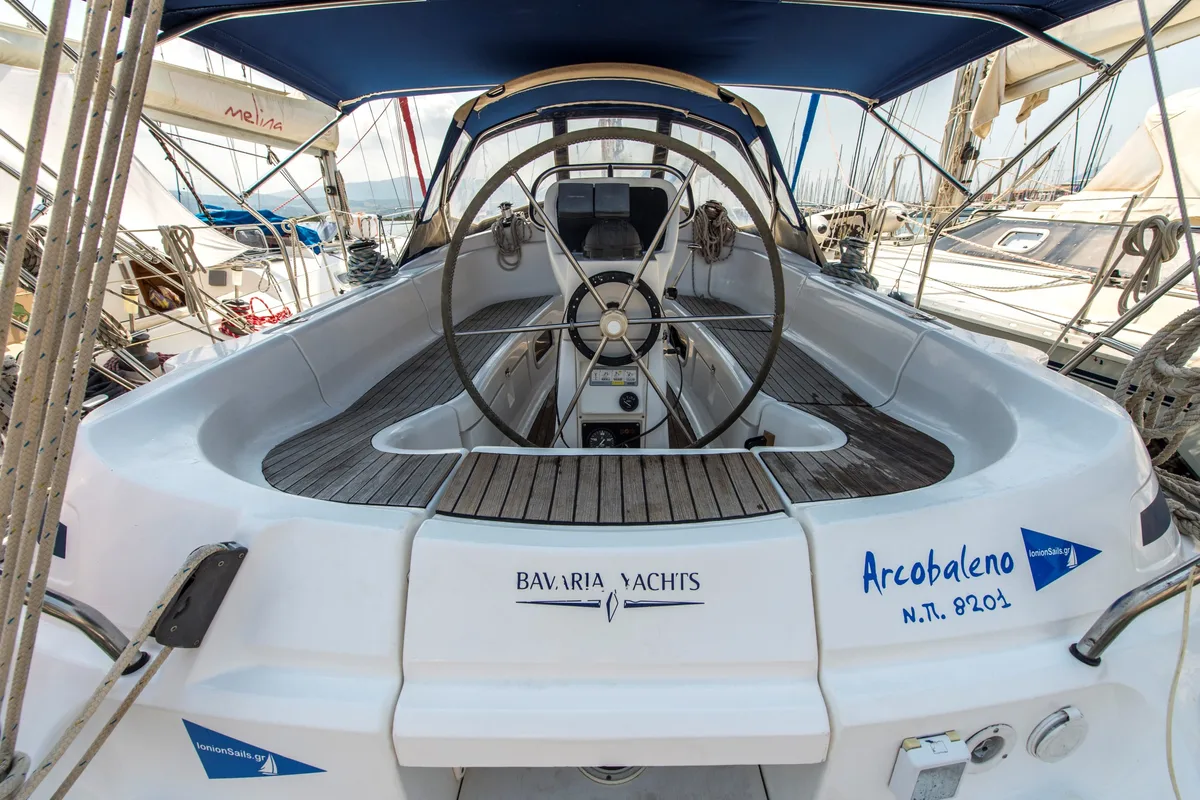 Cockpit of Arcobaleno, a Bavaria 36 Cruiser sailboat at Sami, Greece