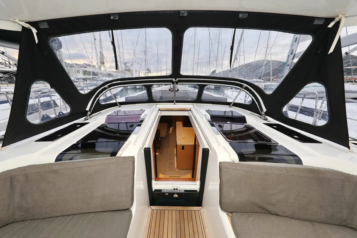 Deck of Jasmine, a Hanse 588 sailboat at Grad Trogir, Croatia