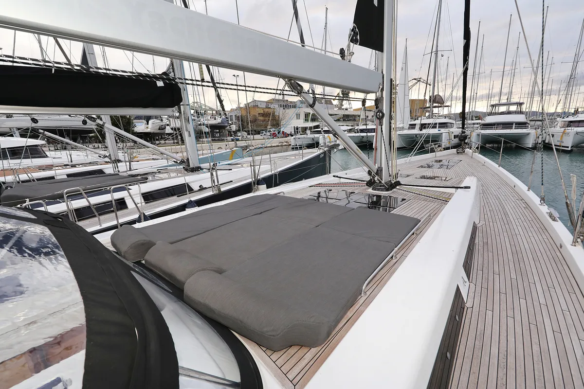 Deck of Jasmine, a Hanse 588 sailboat at Grad Trogir, Croatia