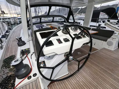 Cockpit of Jasmine, a Hanse 588 sailboat at Grad Trogir, Croatia