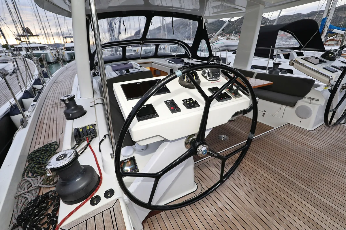 Cockpit of Jasmine, a Hanse 588 sailboat at Grad Trogir, Croatia