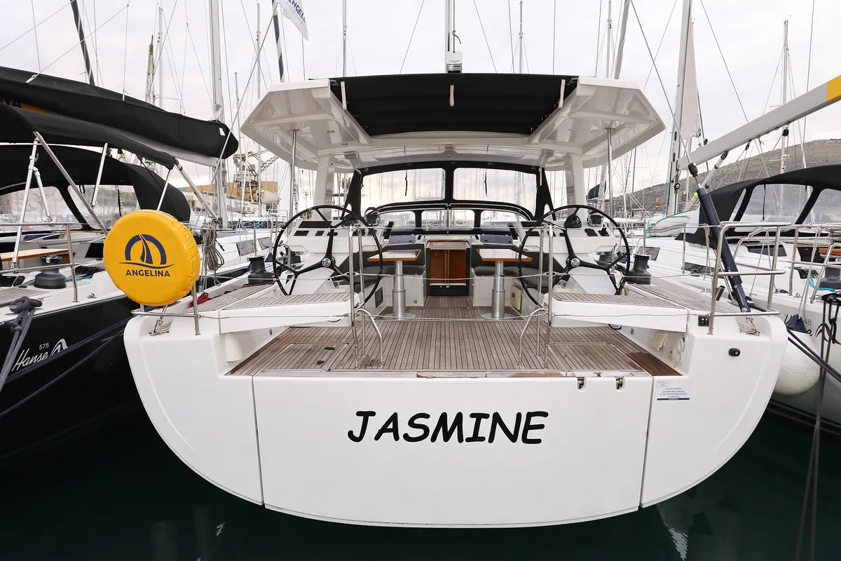 Exterior view of Jasmine, a Hanse 588 sailboat at Grad Trogir, Croatia