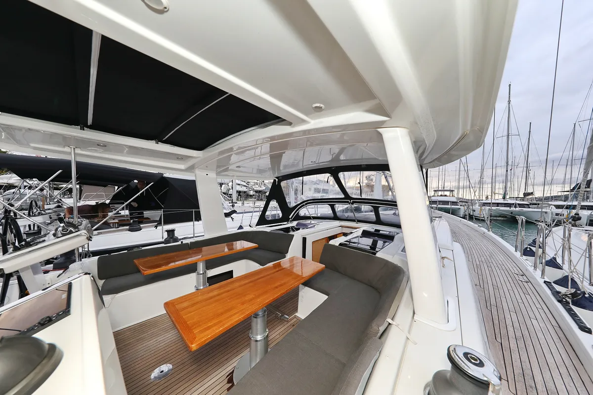 Deck of Jasmine, a Hanse 588 sailboat at Grad Trogir, Croatia