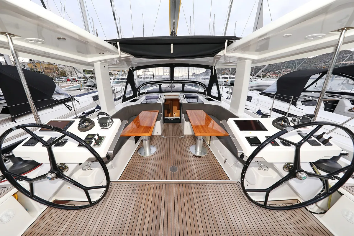 Cockpit of Jasmine, a Hanse 588 sailboat at Grad Trogir, Croatia